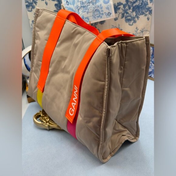 🆕 GANNI 🧿 NWT Medium Recycled Tech Tote, Tan & Orange - Picture 5 of 11